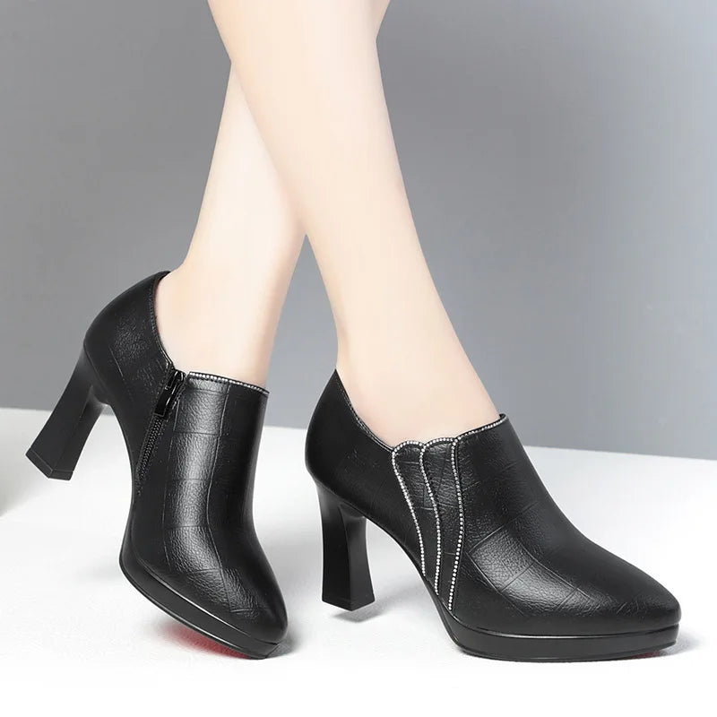Comfortable Pointed Toe Deep Mouth Soft Leather Shoes Women's Pumps 2024 Fall Block High Heels For Office Model Mom Elegant