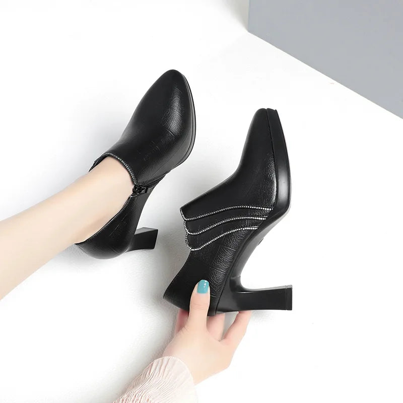Comfortable Pointed Toe Deep Mouth Soft Leather Shoes Women's Pumps 2024 Fall Block High Heels For Office Model Mom Elegant