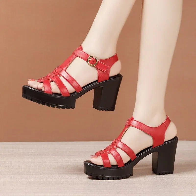 8cm Small Size 32-43 Fashion Genuine Leather Shoes Gladiator Sandals Summer 2025 Women Block High Heels Platform Sandals Office