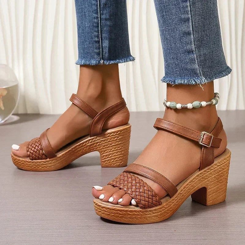 Womens Weave High Heels Sandals 2024 Summer Thick Platform Roman Sandals Woman Ankle Straps Vacation Leisure Beach Shoes